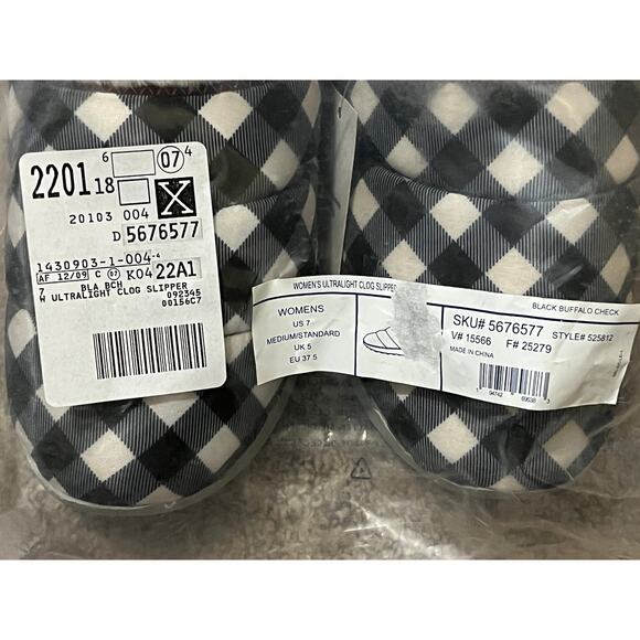 Lands’ End Clog Slippers Black Buffalo Check Faux Fur Ultralight Size 7 NEW - Picture 6 of 7